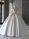 Niulatu Ball Gown Sweetheart White Long Sleeves Satin Wedding Dresses With Beads Bow HZ1110