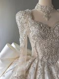 Niulatu Ball Gown Sweetheart White Long Sleeves Satin Wedding Dresses With Beads Bow HZ1110