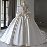 Niulatu Ball Gown Sweetheart White Long Sleeves Satin Wedding Dresses With Beads Bow HZ1110