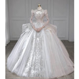Niulatu Ball Gown Scoop White Long Sleeves Sequin Wedding Dresses With Beads Buttons HZ1110
