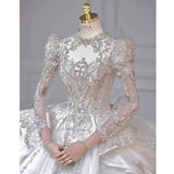 Niulatu Ball Gown Scoop White Long Sleeves Sequin Wedding Dresses With Beads Buttons HZ1110