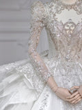 Niulatu Ball Gown Scoop White Long Sleeves Sequin Wedding Dresses With Beads Buttons HZ1110