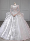 Niulatu Ball Gown Scoop White Long Sleeves Sequin Wedding Dresses With Beads Buttons HZ1110