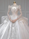 Niulatu Ball Gown Scoop White Long Sleeves Sequin Wedding Dresses With Beads Buttons HZ1110