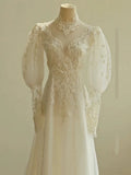 Niulatu A line Scoop White Long Puffy Sleeves Lace Wedding Dresses With Appliques HZ1110