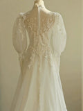 Niulatu A line Scoop White Long Puffy Sleeves Lace Wedding Dresses With Appliques HZ1110