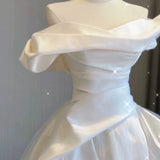 Niulatu Ball Gown Off The Shoulder Satin Long White Wedding Dresses With Ruffles HZ1110