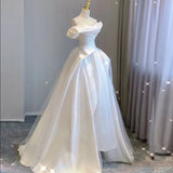 Niulatu Ball Gown Off The Shoulder Satin Long White Wedding Dresses With Ruffles HZ1110