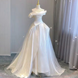 Niulatu Ball Gown Off The Shoulder Satin Long White Wedding Dresses With Ruffles HZ1110