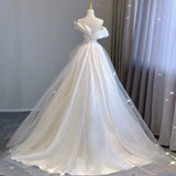 Niulatu Ball Gown Off The Shoulder Satin Long White Wedding Dresses With Ruffles HZ1110