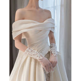 Niulatu Ball Gown Off The Shoulder Satin Long White Wedding Dresses With Lace HZ1110