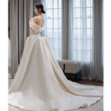 Niulatu Ball Gown Off The Shoulder Satin Long White Wedding Dresses With Lace HZ1110