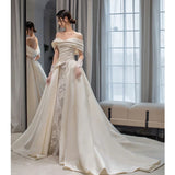 Niulatu Ball Gown Off The Shoulder Satin Long White Wedding Dresses With Lace HZ1110