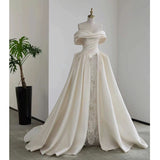 Niulatu Ball Gown Off The Shoulder Satin Long White Wedding Dresses With Lace HZ1110
