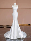 Niulatu Mermaid Strapless Satin Long White Wedding Dresses With Buttons HZ1110