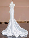 Niulatu Mermaid Strapless Satin Long White Wedding Dresses With Buttons HZ1110