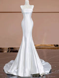 Niulatu Mermaid Strapless Satin Long White Wedding Dresses With Buttons HZ1110