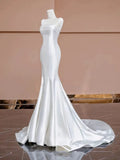 Niulatu Mermaid Strapless Satin Long White Wedding Dresses With Buttons HZ1110