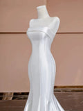 Niulatu Mermaid Strapless Satin Long White Wedding Dresses With Buttons HZ1110