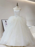 Niulatu Ball Gown Strapless Sleeveless White Tulle Wedding Dresses With Ruffles HZ1110