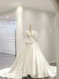 Niulatu Ball Gown V Neckline Short Sleeves White Satin Wedding Dresses With Bow HZ1110