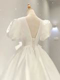 Niulatu Ball Gown V Neckline Short Sleeves White Satin Wedding Dresses With Bow HZ1110