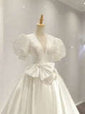 Niulatu Ball Gown V Neckline Short Sleeves White Satin Wedding Dresses With Bow HZ1110