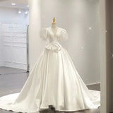 Niulatu Ball Gown V Neckline Short Sleeves White Satin Wedding Dresses With Bow HZ1110