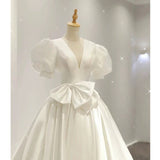 Niulatu Ball Gown V Neckline Short Sleeves White Satin Wedding Dresses With Bow HZ1110