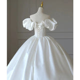 Niulatu Ball Gown Off The Shoulder Short Sleeves White Satin Wedding Dresses With Beads HZ1110