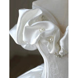 Niulatu Ball Gown Off The Shoulder Short Sleeves White Satin Wedding Dresses With Beads HZ1110