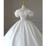 Niulatu Ball Gown Off The Shoulder Short Sleeves White Satin Wedding Dresses With Beads HZ1110