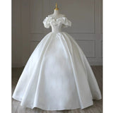 Niulatu Ball Gown Off The Shoulder Short Sleeves White Satin Wedding Dresses With Beads HZ1110