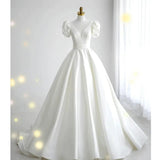 Niulatu Ball Gown V Neckline Short Sleeves White Satin Wedding Dresses HZ1110