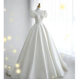 Niulatu Ball Gown V Neckline Short Sleeves White Satin Wedding Dresses HZ1110