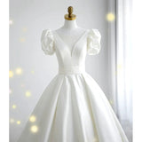 Niulatu Ball Gown V Neckline Short Sleeves White Satin Wedding Dresses HZ1110