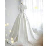 Niulatu Ball Gown V Neckline Short Sleeves White Satin Wedding Dresses HZ1110