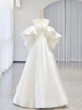 Niulatu Ball Gown Sweetheart Short Sleeves White Satin Wedding Dresses HZ1110