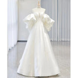 Niulatu Ball Gown Sweetheart Short Sleeves White Satin Wedding Dresses HZ1110