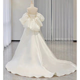 Niulatu Ball Gown Sweetheart Short Sleeves White Satin Wedding Dresses HZ1110
