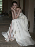 Niulatu A Line Strapless Sleeveless White Satin Slit Wedding Dresses HZ1110