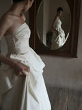 Niulatu A Line Strapless Sleeveless White Satin Slit Wedding Dresses HZ1110