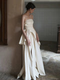Niulatu A Line Strapless Sleeveless White Satin Slit Wedding Dresses HZ1110