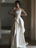 Niulatu A Line Strapless Sleeveless White Satin Slit Wedding Dresses HZ1110
