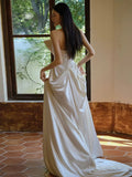 Niulatu A Line Strapless Sleeveless White Satin Wedding Dresses With Bow HZ1110