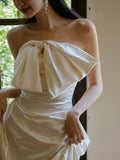 Niulatu A Line Strapless Sleeveless White Satin Wedding Dresses With Bow HZ1110