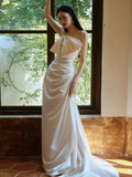Niulatu A Line Strapless Sleeveless White Satin Wedding Dresses With Bow HZ1110