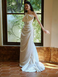 Niulatu A Line Strapless Sleeveless White Satin Wedding Dresses With Bow HZ1110
