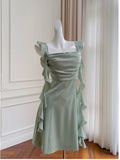 Niulatu A line Spaghetti Straps Sage Green Short Homecoming Dresses Party Cocktail Dress With Ruffles HZ1110
