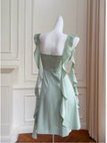 Niulatu A line Spaghetti Straps Sage Green Short Homecoming Dresses Party Cocktail Dress With Ruffles HZ1110
